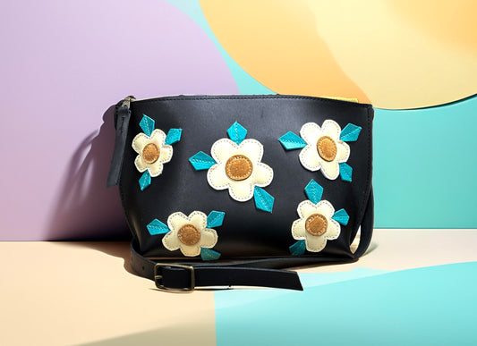 Floral Applique Leather Zip Crossbody