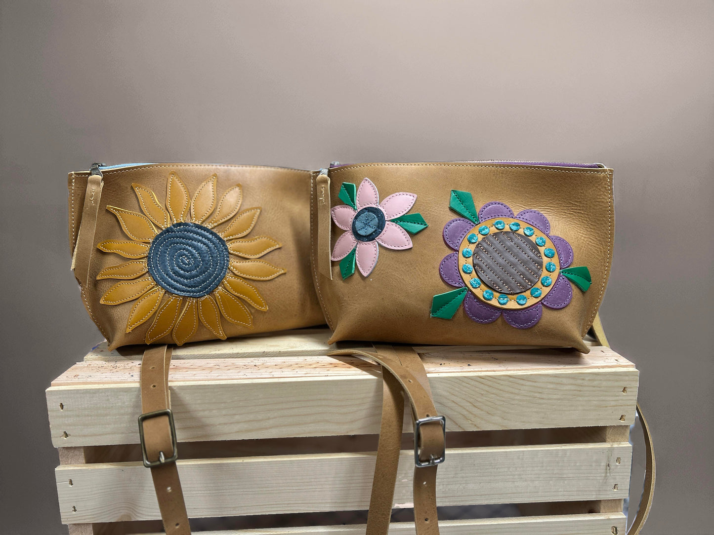 Floral Applique Leather Zip Crossbody