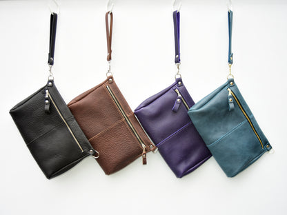 Front Zip Leather Clutch