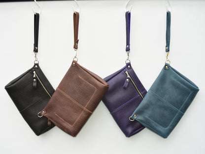 Front Zip Leather Clutch