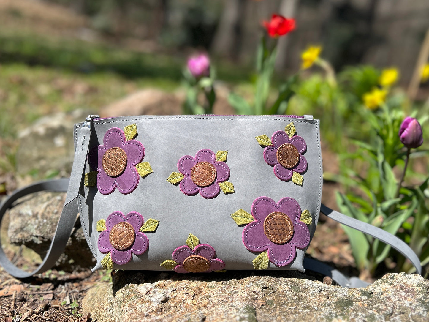 Floral Applique Leather Zip Crossbody