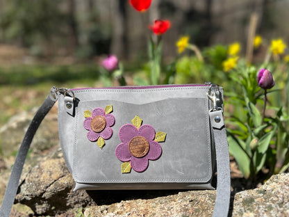 Floral Applique Leather Zip Crossbody