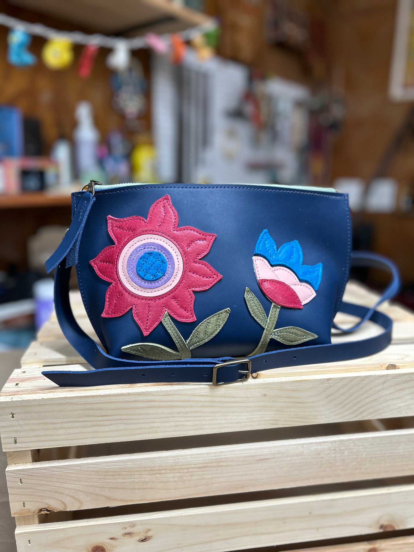 Floral Applique Leather Zip Crossbody