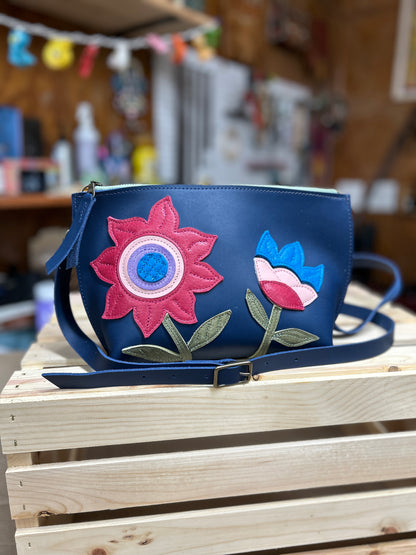 Floral Applique Leather Zip Crossbody
