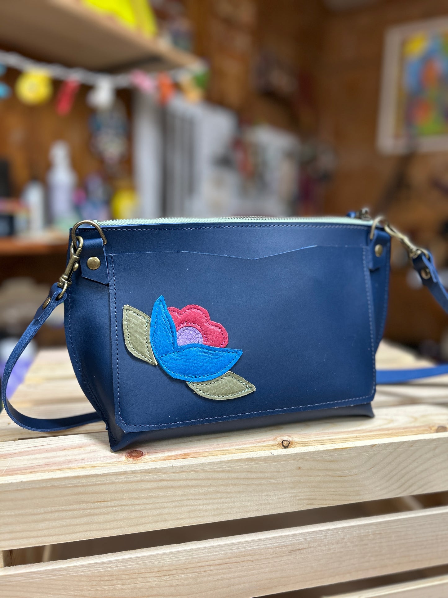 Floral Applique Leather Zip Crossbody