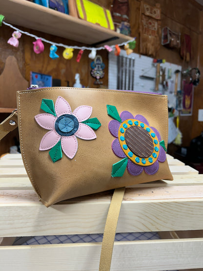 Floral Applique Leather Zip Crossbody