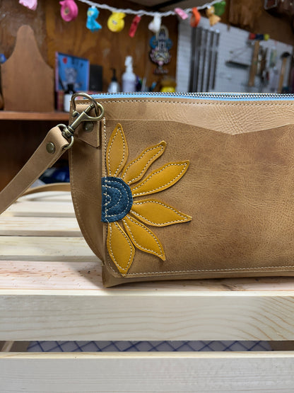Floral Applique Leather Zip Crossbody