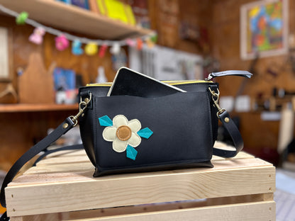 Floral Applique Leather Zip Crossbody