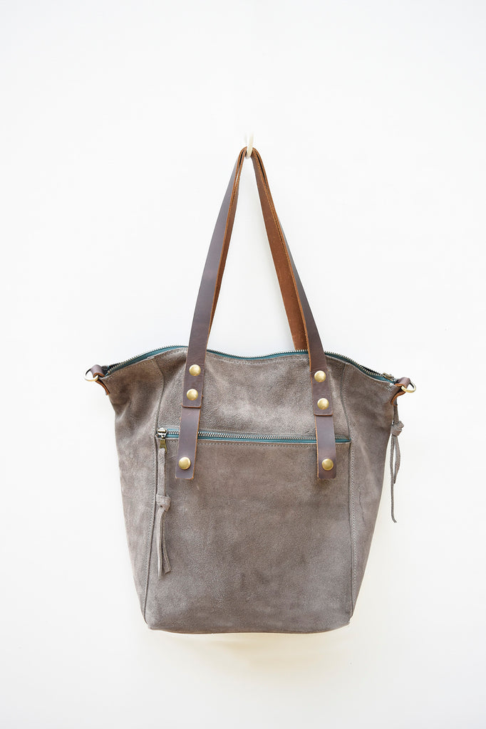 Dark Grey Suede Tote - women's leather tote bag with zippered closure.  Crossbody strap, interior pocket and exterior zip pocket