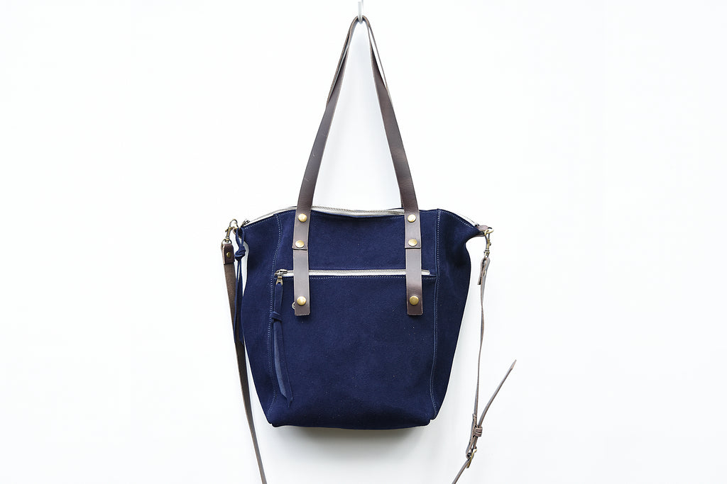 Navy Suede Tote - women's leather tote bag with zippered closure.  Crossbody strap, interior pocket and exterior zip pocket